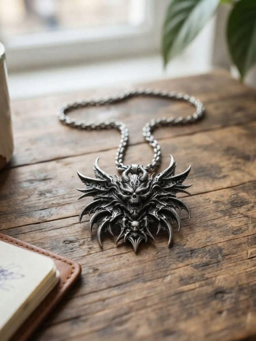 Mens gothic winged demon skull pendant 316L stainless steel